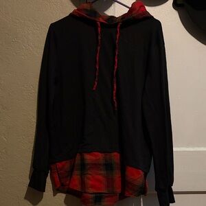 Black Hoodie with Red Plaid Trim